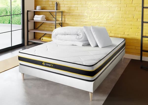 Pack 160x200 FLEXY madrass + vit sängram kit + 2 kuddar med minnesskum 60x40cm + Percale täcke 260x240cm 160 x 200 cm Vit