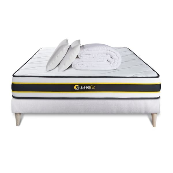 Pack 160x200 FLEXY madrass + vit sängram kit + 2 kuddar med minnesskum 60x40cm + Percale täcke 260x240cm 160 x 200 cm Vit