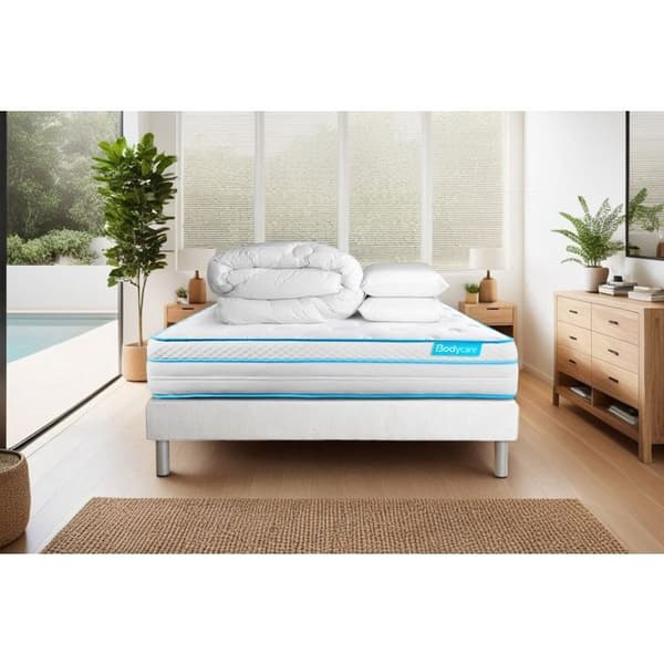 Sängset madrass 140x200 BodyMax Minnesskum och mikofjädrar - 26 cm - Balanserad - vit sängram + 2 kuddar