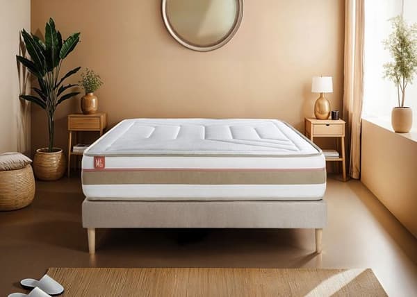 Pack madrass LE TENDRE 200x200cm Fjädrar i påse + Minnesskum + sängbottenkit Beige