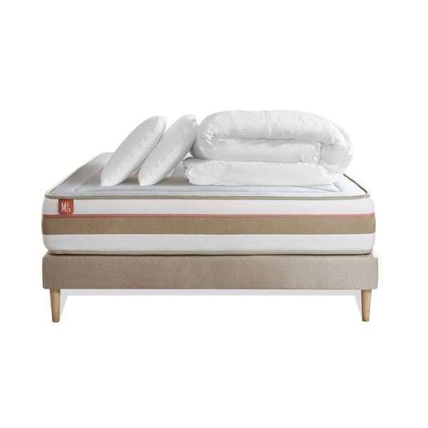 Pack madrass LE TENDRE 200x200cm Fjädrar i påse + Minnesskum + sängbottenkit Beige