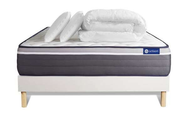 Sängram och madrass 200x200 Actiflex plus Fjädrar i påse och minnesskum - 26 cm - Mycket fast - vit sängram kit + 2 guld