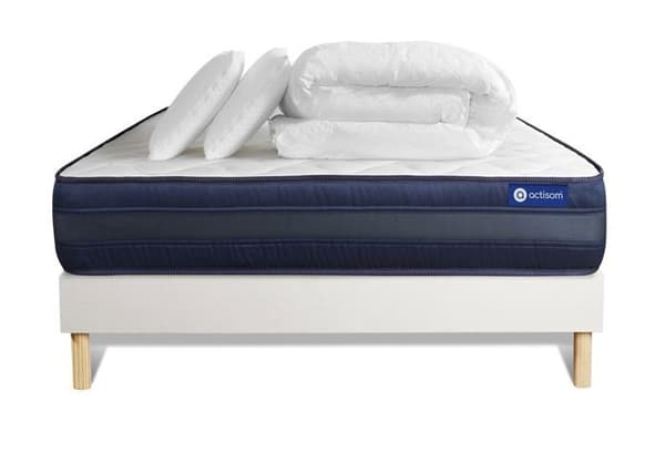 Ensemble sängbotten madrass 140x200 Actilatex tech latex och minnesskum - 24 cm - Mycket fast - sängbottenset vit + 2 kuddar + c