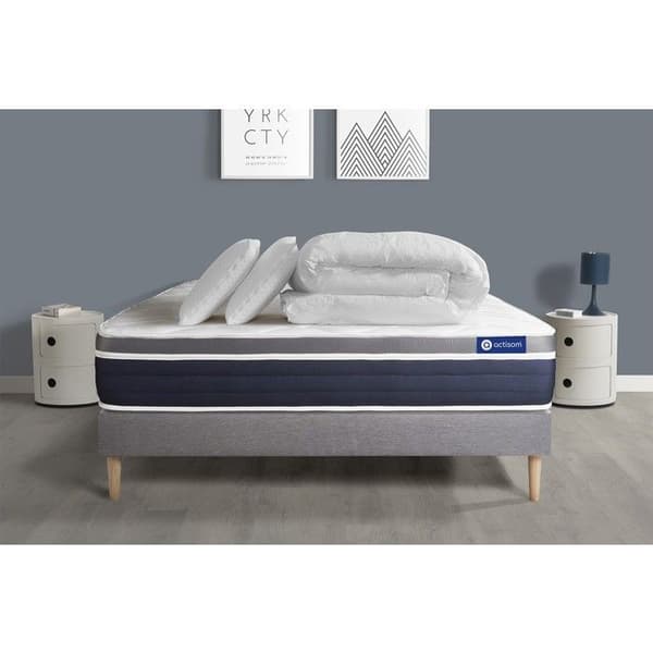 Ensemble sängram madrass 180x200 Actiflex komfort - 26 cm - Medium-fast - sängram kit grå + 2 kuddar + duntäcke