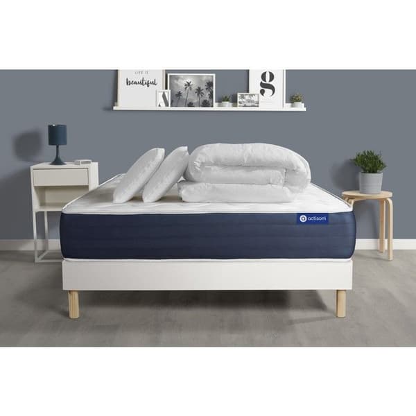 Sängset madrass 180x200 Actiflex sleep Påsade fjädrar och minnesskum - 22 cm - Balanserad - vit sängram + 2 guld
