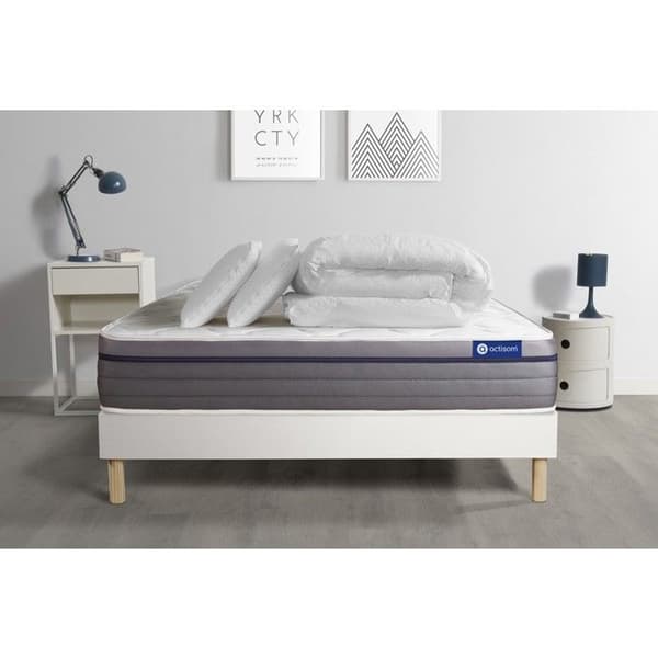 Ensemble sängram madrass 140x200 Actilatex zen latex och minnesskum - 26 cm - Balancerad - sängram kit Vit + 2 kuddar + täcke