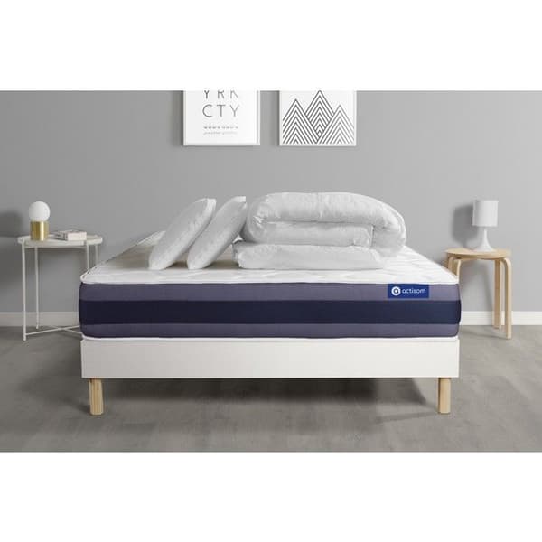 Ensemble sängram madrass 200x200 Actimemo morpho Memory Foam - 24 cm - Balanserad - sängram kit Vit + 2 kuddar + täcke