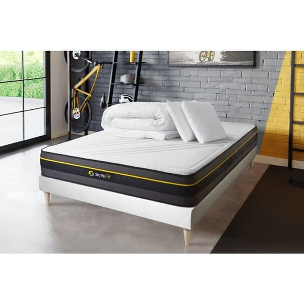Madrass ACTIVE - Paket 140x190 + sängram + minneskuddar + Percale-duntäcke - Vitt