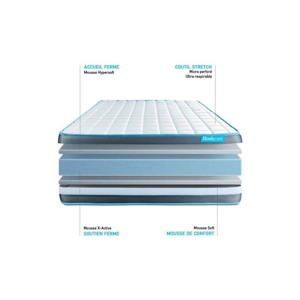 Sängset madrass 140x200 Bodyform minnesskum - 20 cm - Fast - vit sängram + 2 kuddar + täcke