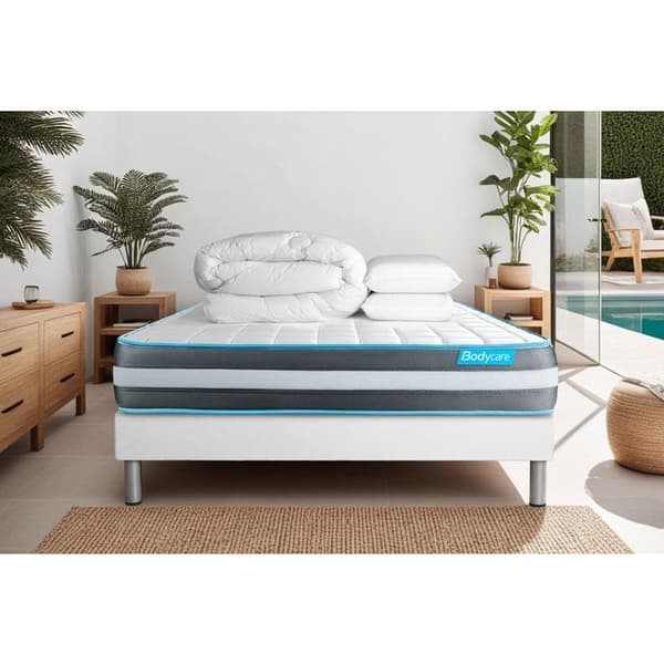 Sängset madrass 140x200 Bodyform minnesskum - 20 cm - Fast - vit sängram + 2 kuddar + täcke