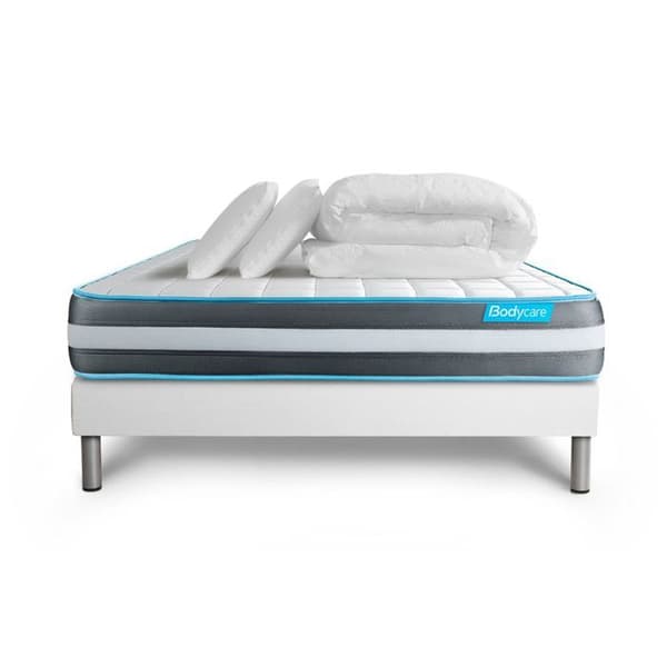 Sängset madrass 140x200 Bodyform minnesskum - 20 cm - Fast - vit sängram + 2 kuddar + täcke