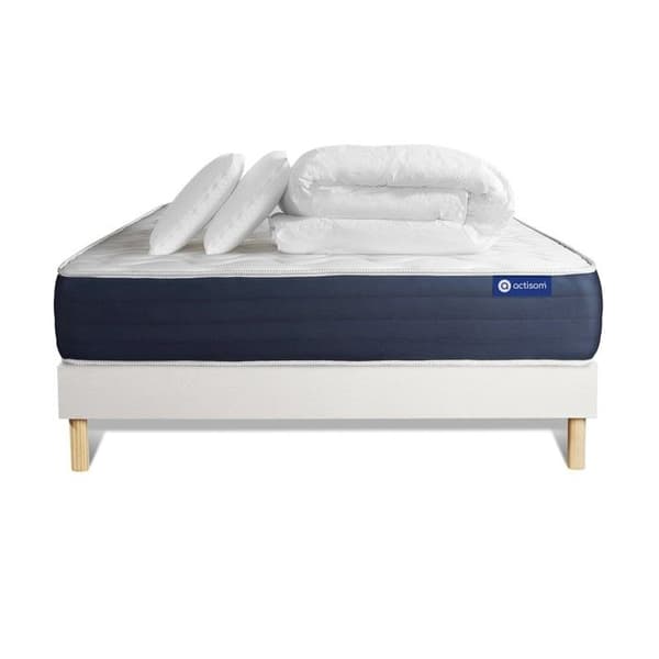 Ensemble sängram madrass 160x200 Actiflex sleep Fjädrar inslagna och minnesskum - 22 cm - Balanserad - sängram kit Vit + 2 guld