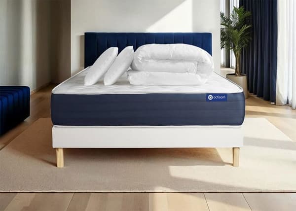 Ensemble sängram madrass 160x200 Actiflex sleep Fjädrar inslagna och minnesskum - 22 cm - Balanserad - sängram kit Vit + 2 guld