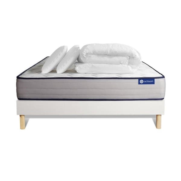Ensemble sängbotten madrass 140x200 Actiflex med pocketfjädrar och memory foam - 22 cm - Fast - vit sängbotten kit + 2 öron.