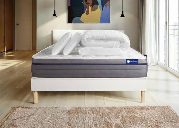 Ensemble sängram madrass 160x200 Actimemo zen Minnesskum - 26 cm - Balanserad - sängram kit Vit + 2 kuddar + täcke