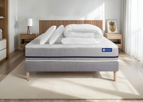 Ensemble sängbotten madrass 140x200 Actilatex mjuk - 20 cm - Medium-fast - sängbottenkit grå + 2 kuddar + täcke