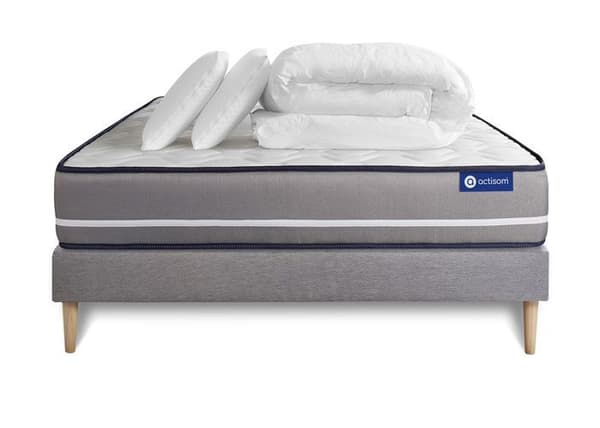 Ensemble sängbotten madrass 140x190 Actimemo pur - 20 cm - Hård - sängbotten kit grå + 2 kuddar + täcke