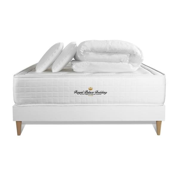 Ensemble sängram madrass 200x200 Buckingham Minneskum - 30 cm - Balancerad - sängram kit vit + 2 kuddar + täcke