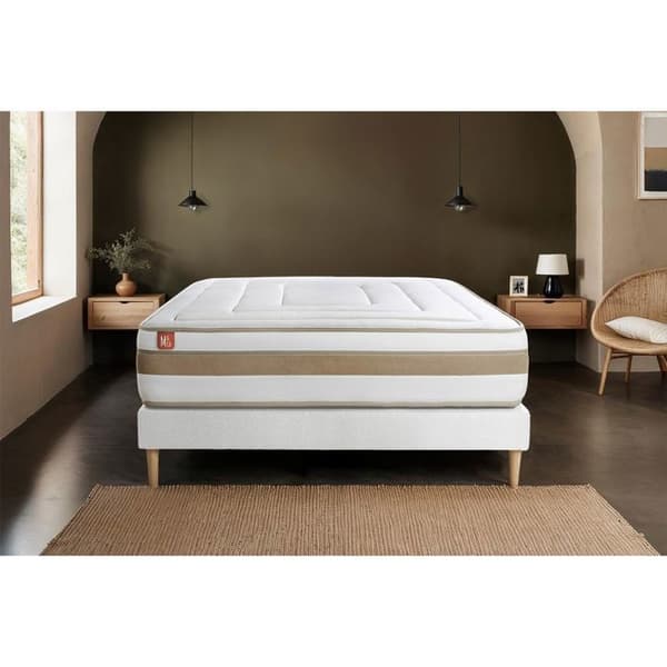 Ensemble LE RAFFINÉ 160x200cm Fjädrar i påsar + BioVisco minnesskum - Maxi tjocklek 26cm + sängram kit Vit
