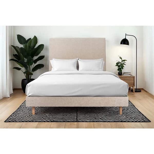 Säng 160x200cm med klädd huvudytta och sängbotten i beige-brunt kit - Total höjd: 29cm