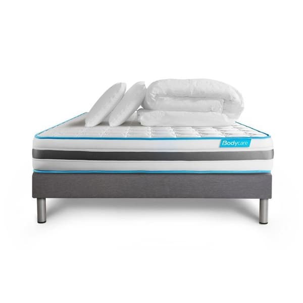 Ensemble sängbotten madrass 140x200 BodyFlex påsade fjädrar och minnesskum - 26 cm - Balanserad - sängbotten kit grå + 2 kuddar