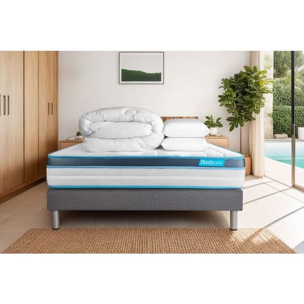 Sänggavel och madrass 140x200 BodyFit minnesskum - 24 cm - Fast - grå sänggavel kit + 2 kuddar + täcke