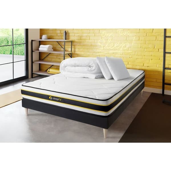 Pack 180x200 FLEXY madrass + svartsängsats + 2 minnesskumskuddar 60x40cm + Percale-dynan 260x240cm 180 x 200 cm svart