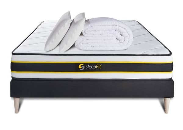 Pack 180x200 FLEXY madrass + svartsängsats + 2 minnesskumskuddar 60x40cm + Percale-dynan 260x240cm 180 x 200 cm svart