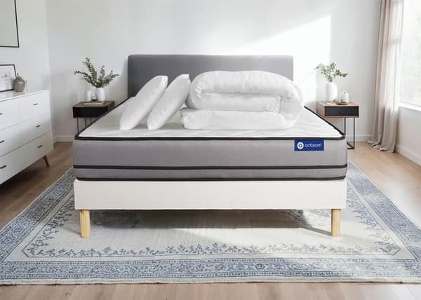 Sängram och madrass 200x200 Actilatex natt Latex och minnesskum - 20 cm - Mycket fast - vit sängram + 2 kuddar +