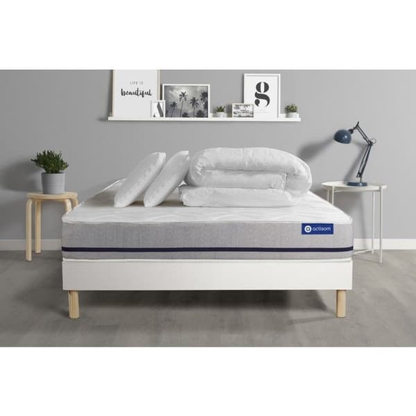 Ensemble sängram madrass 140x190 Actimemo soft memory foam - 20 cm - Medium-fast - sängram kit Vit + 2 kuddar + täcke