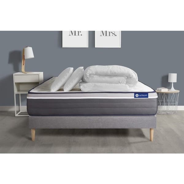 Ensemble sängbotten madrass 180x200 Actiflex plus - 26 cm - Mycket fast - sängbotten kit grå + 2 kuddar + täcke