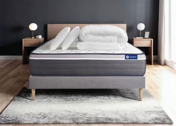 Ensemble sängbotten madrass 180x200 Actiflex plus - 26 cm - Mycket fast - sängbotten kit grå + 2 kuddar + täcke