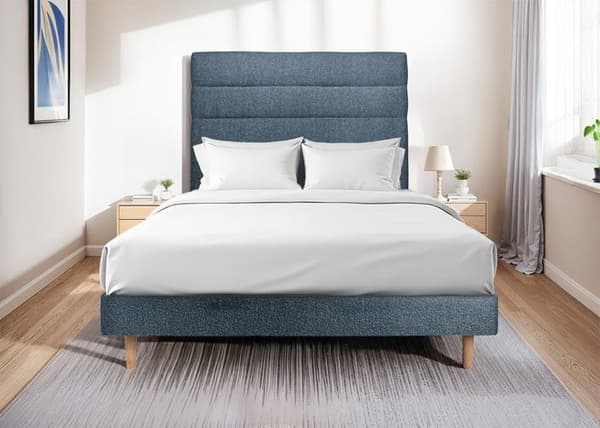 Säng med sänggavel linjer i boucle och ram kit Blå - 200x200cm - Massivt trä