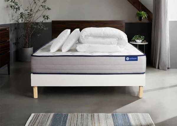 Sängsäng med madrass 140x190 Actimemo i minnesskum - 22 cm - Fast - vit sängbotten + 2 kuddar + täcke