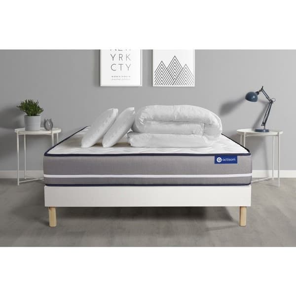 Säng set med madrass 200x200 Actimemo ren minnesskum - 20 cm - Fast - sängram kit Vit + 2 kuddar + täcke