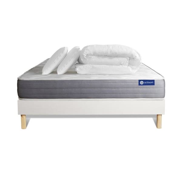 Sängset med madrass 140x190 Actilatex dröm Latex och minnesskum - 22 cm - Medelhård - vit sängram kit + 2 kuddar + co