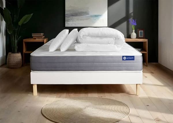 Sängset med madrass 140x190 Actilatex dröm Latex och minnesskum - 22 cm - Medelhård - vit sängram kit + 2 kuddar + co