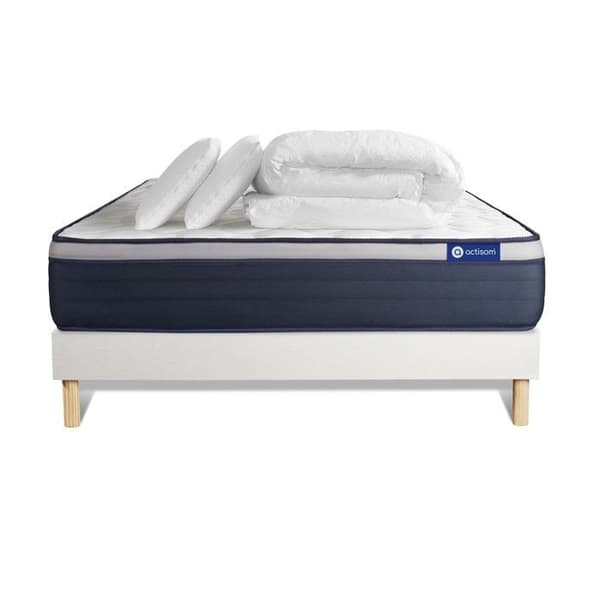 Sängram med madrass 140x200 Actimemo max Minnesskum - 26 cm - Fast - sängram kit Vit + 2 kuddar + täcke