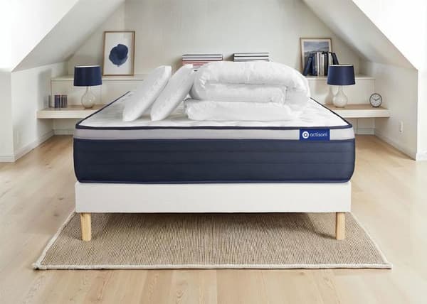 Sängram med madrass 140x200 Actimemo max Minnesskum - 26 cm - Fast - sängram kit Vit + 2 kuddar + täcke