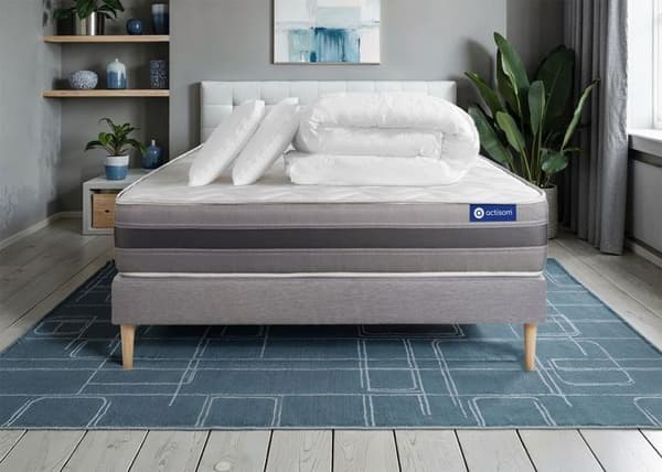Sängram och madrass 140x190 Actiflex relax - 24 cm - Halvhård - grå sängram-kit + 2 kuddar + täcke