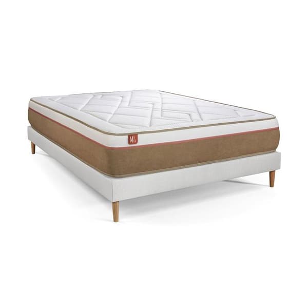 Ensemble LE SOYEUX 140x200cm Fjädrar i påse + Minnesskum BioVisco - Tjocklek 24cm + sängram kit Vit