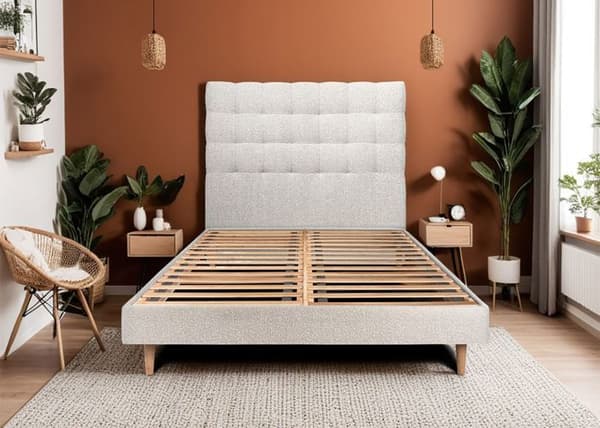 Säng 180x200cm - Beige - Klädd huvudenhet med tufting - Massivt trä - Modern Skandinavisk stil