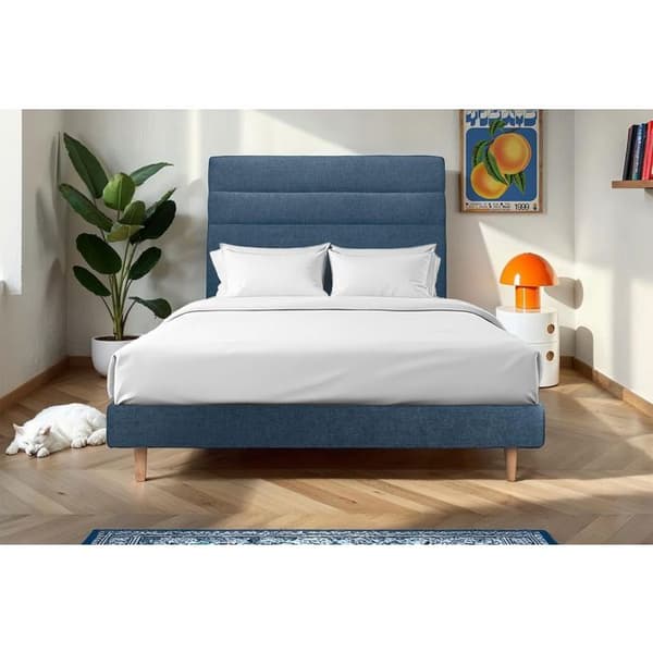 Lit 135x190cm med sänggavel i linjerad tyg och sängstomme kit Blå - Totalhöjd: 29cm