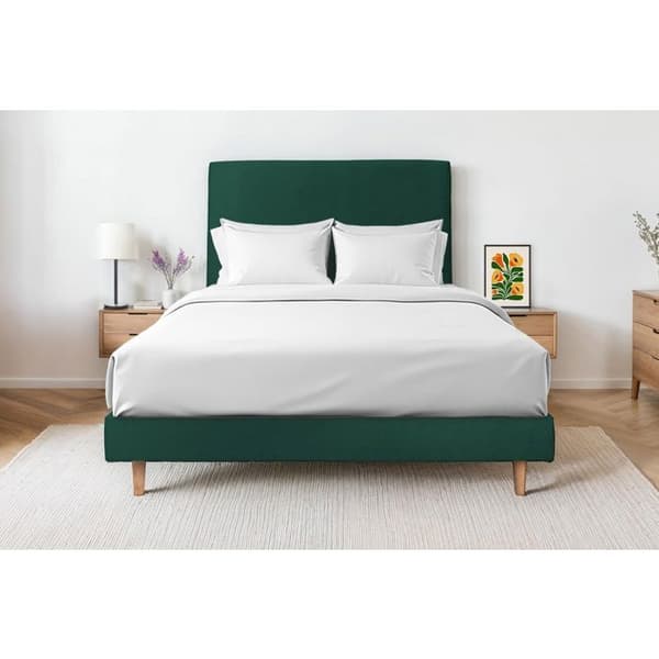 Säng - MARQUE - 135x190cm - Tapetserad sänggavel i sammet - Sängram kit - Grön färg
