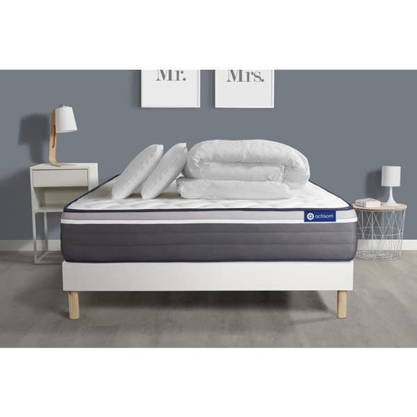Sängsätt madrass 180x200 Actiflex plus pocketfjädrar och minnesskum - 26 cm - Mycket fast - sängram kit Vit + 2 guld