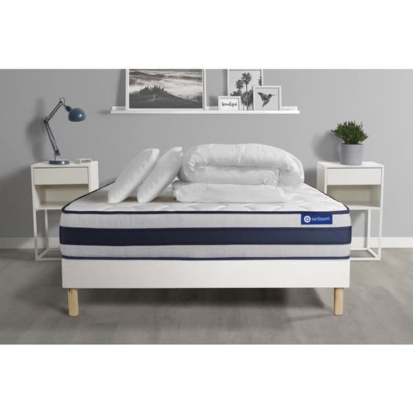 Ensemble sängram madrass 140x200 Actimemo ergo Minnesskum - 24 cm - Fast - sängram kit Vit + 2 kuddar + täcke