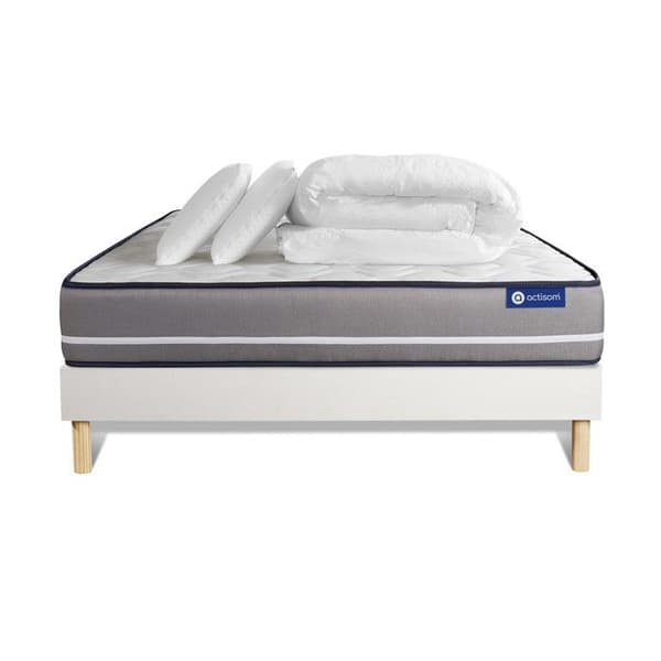 Sänggavel och madrass 180x200 Actimemo av ren minnesskum - 20 cm - Fast - vit sängram + 2 kuddar + täcke