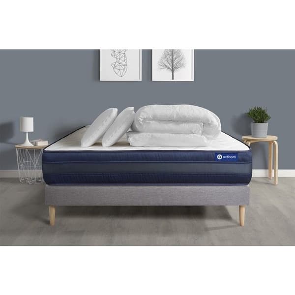 Ensemble sängbotten madrass 160x200 Actiflex tech - 24 cm - Mycket fast - sängbotten kit grå + 2 kuddar + täcke