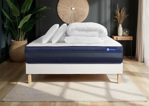Sängpaket 140x200 Actiflex tech Förpackade fjädrar och minnesskum - 24 cm - Mycket fast - vit sängbotten + 2 guld