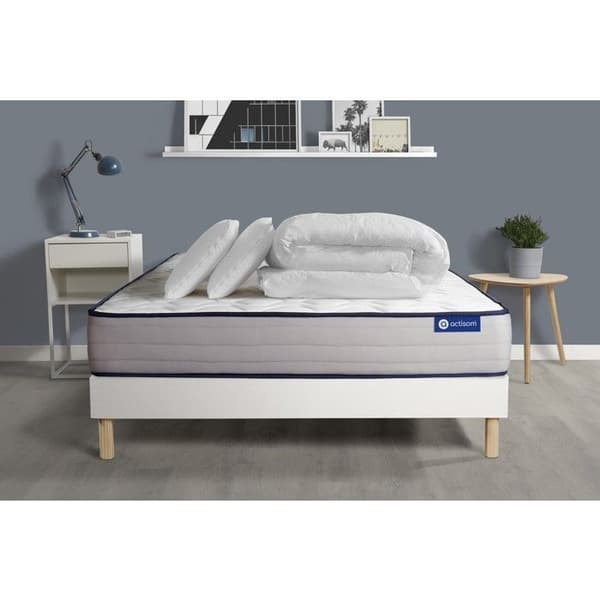 Sängram och madrass 200x200 Actiflex med individuellt inpackade fjädrar och minnesskum - 22 cm - Fast - vit sängram + 2 öron.